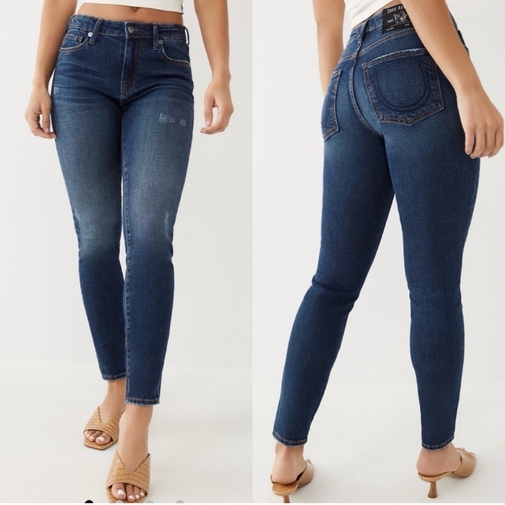 NWT True Religion Size 25 Jennie Curvy Mid Rise Saddleback Skinny Jeans $159